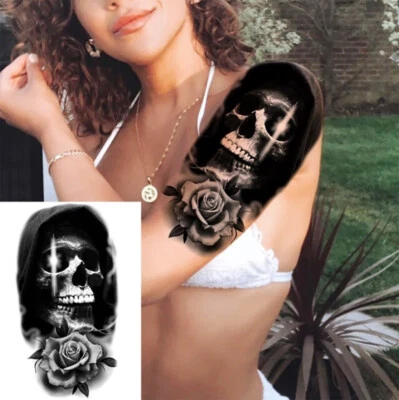 MARKENLOS Temporäres Tattoo Skull Rose Blumen Punk Rockabilly Rock Schädel Totenkopf