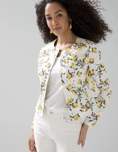 White House Black Market Denim Trucker Jacket Lemon π Print Size Small NWOT - Picture 1 of 10