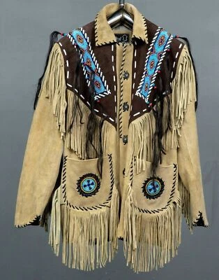 Men Western Cowboy Suede Fringe Jacket Beaded Native American Leather Jacket - Image 1 of 4