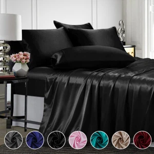 Soft Sheet Set Satin Silk Deep Pocket Fitted Sheet with Cooling Sheet Pillowcase - Picture 1 of 39