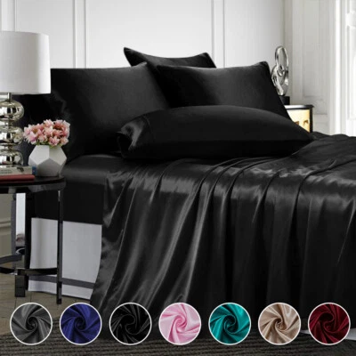 4 Pcs Smooth Satin Silk Sheet Set Deep Pocket Bed Sheet Wrinkle Fade Resistant - Image 1 of 4