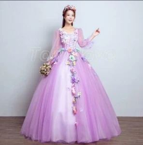 Women Elegant Wedding Dress 3D Flowers Bridal Gown Princess Bubble Skirt Maxi - Picture 1 of 13