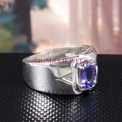 Кольцо из стерлингового серебра 925 пробы с натуральным драгоценным камнем танзанитом для мужчин No65 - Изображение 1 из 4