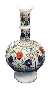 12" White Marble Vase Carnelian with Lapis Lazuli Gemstone Art for Hallway Decor - Picture 1 of 4
