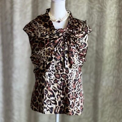 NWOT Vintage Y2K Bebe Leopard Silk Blouse Bow 2000s Glam Top Mob Wife Size L - Image 1 of 4
