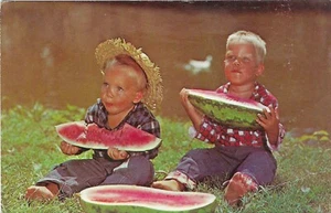 Vintage Americana Chrome Postcard Yum Yum Young Blonde Boys Eating Watermelon - Picture 1 of 2