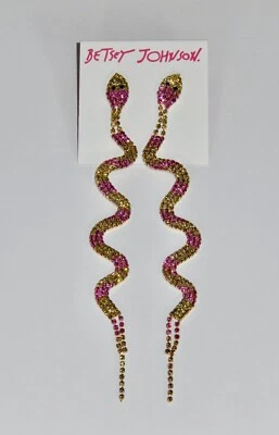 Authentic Betsey Johnson Earrings Pink Green Crystal Long Chandelier Snake - Image 1 of 4
