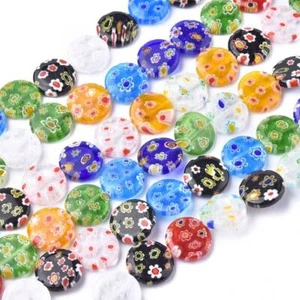 Cuentas de lámpara de 10 hebras 14 mm cuentas de vidrio planas redondas flor Millefiori 14 pulgadas - Imagen 1 de 4