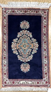 Hand Knotted Silk Qumm Navy Ivory Luxurious Oriental Area Rug 1'11" x 3'3" - Picture 1 of 7