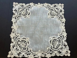 Antique Ivory & Brussels Point de Gaze Lace & Duchess Lace Wedding Handkerchief - Picture 1 of 7