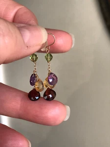 14K Multi-Gemstone Earrings Briolettes Citrine Amethyst Garnet - Picture 1 of 9