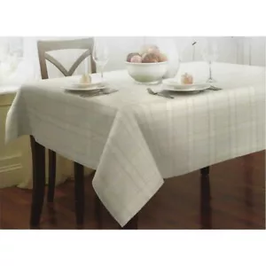 Venice Plaid Laminated Fabric Tablecloth Beige Wipes Clean Resists Stain 60x120" - Picture 1 of 2