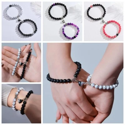 2 peças/conjunto de pulseiras de casal ímã de coração com miçangas de pedra natural para mulheres homens presente - Imagem 1 de 4