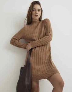 Madewell Sz M Ribbed Mini Sweater Dress Heather Caramel Wool Oversized Cozy NWT - Picture 1 of 15