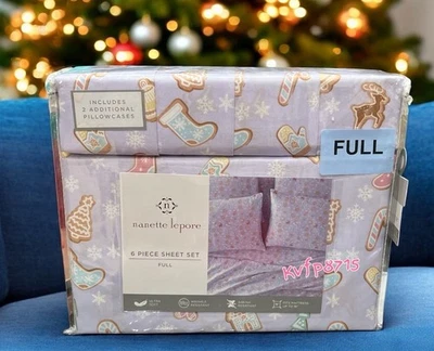 Pastel Purple Shabby Chic Christmas 6 PC Full Sheet Set Gingerbread Cookies New - Image 1 of 4