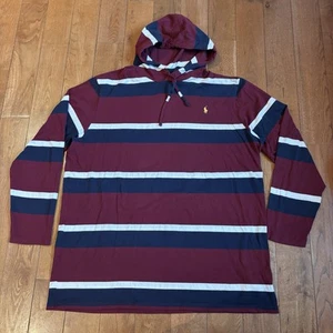 Mens Polo Ralph Lauren Hoodie Hooded Shirt Maroon Blue Stripes 2XLT 2XL Tall - Picture 1 of 7