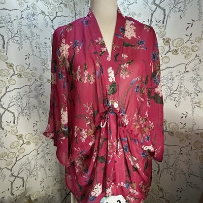 Купальник Lucky Brand кимоно накидка цветочный прозрачный передний галстук летучая мышь красный - Изображение 1 из 4