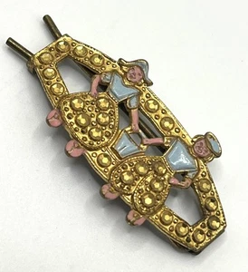 Vintage Hair Barrette Dutch Bavarian Figures Jack & Jill Pink Blue Enamel (1707) - Picture 1 of 5