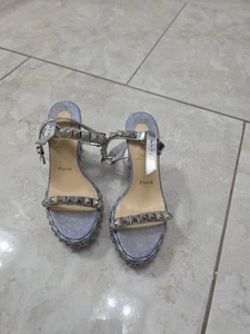 Christian Louboutin PYRACLOU Glitter Espadrille Wedge Sandal Silver 37EU - Picture 1 of 11