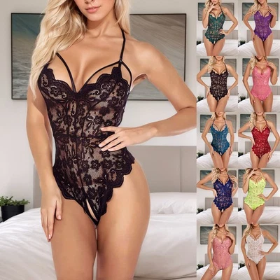 UK Womens Lace Sexy Bodysuit Lingerie Crotchless Babydoll Nightwear Sleepwear - Image 1 of 4