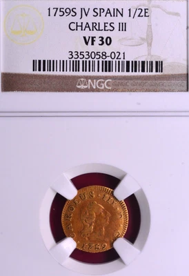 NGC VF-30! SPAIN 1759-S CHARLES III GOLD 1/2 ESCUDO - Image 1 of 3