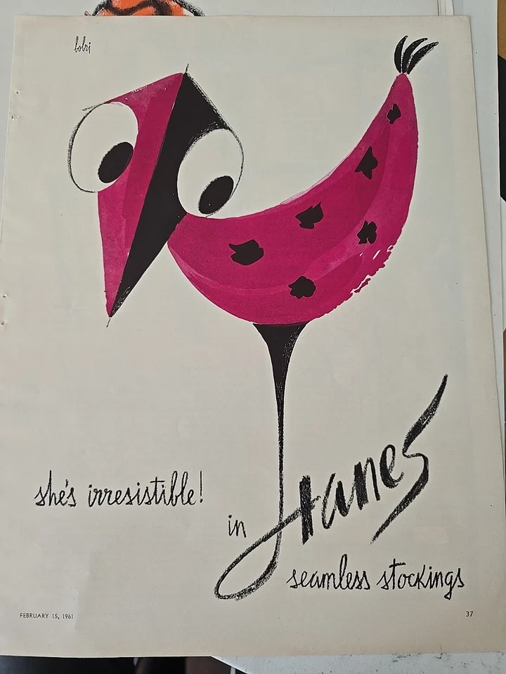 Medias sin costuras Hanes 1961 para mujer calcetería rosa pájaro bobri anuncio artístico  Foto 1 de 1