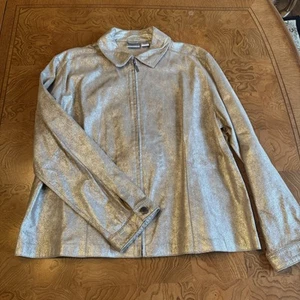 Chico's Elfenbein Silber Gold Echtleder Jacke Größe 3 Damen Reißverschluss Frühling - Bild 1 von 11