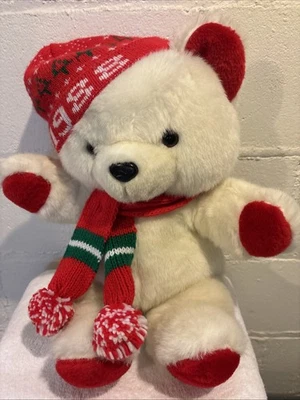 Винтажный 1987 Рождество Kmart белый плюшевый медведь плюшевая 20 дюймов шляпа шарф - Изображение 1 из 4