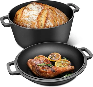 2-In-1 Pre-Seasoned Cast Iron Dutch Oven Pot with Skillet Lid Cooking Pan,5.5 QT - Picture 1 of 12