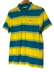 Camisa Polo Ben Sherman Para Hombre Mediana Amarilla Azul Manga Corta Rayas Logo de Golf - Imagen 1 de 9