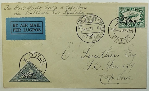 1931 South Africa First Flight Airmail Outjo Namibia to Cape Town SC #C5 & #22 Cover
