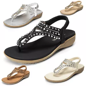 Women Elastic T-Strap Thong Sandals Rhinestone Comfortable Walking Flat Sandals - Picture 1 of 22