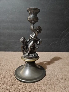 RARE ANTIQUE SILVER PLATE CHERUB & SATYR CANDLESTICK CANDLE HOLDER 7 3/4" - Picture 1 of 11