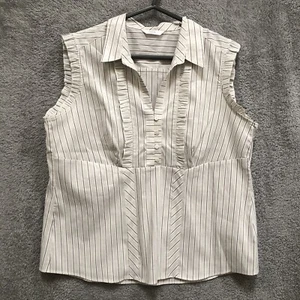 M&S Grey White Stripe Frill Sleeveless Stretch Blouse Top UK18 Office Work - Picture 1 of 8