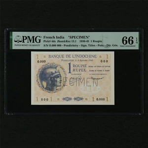 1936-45 French India "SPECIMEN"1 Roupie Pick#4ds PMG 66 EPQ Gem UNC - Picture 1 of 4