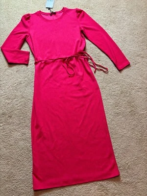 NUEVO CON ETIQUETAS ZARA Vestido Midi Crepé Rojo Midi Hombro Manga Larga Cinturón Corbata Cintura S Foto 1 de 4