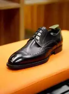 Handmade Black Derby Shoes for Men's, Leather Wingtip Brogue Dress Formal Shoes - Picture 1 of 5