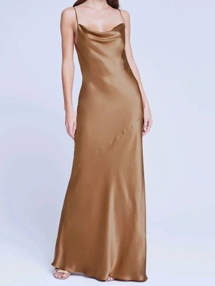 Vestido maxi L'AGENCE sela marrom bronzeado capuz corte viés seda Charmeuse Arianne 8 = M - Imagem 1 de 4