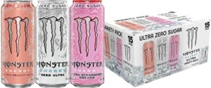 Monster Energy Ultra Variety Pack 15 Pack Zero Sugar Strawberry Peach Flavors - Picture 1 of 4