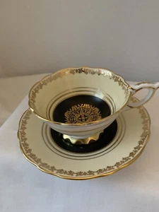 Royal Stafford Creme & Schwarz Bone China Teetasse & Untertasse um 1940 - Bild 1 von 9