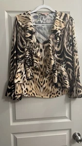 Camicetta manica lunga a campana Black Label By Chicos taglia Med stampa animalier arricciata 4087 - Foto 1 di 7