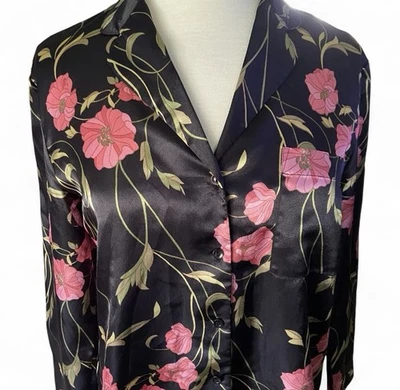 August Silk Intimates Black and Pink Floral Satin Pajama Set Size Small NWOT - Image 1 of 4