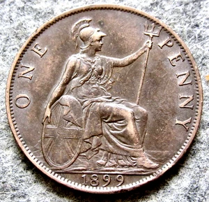GREAT BRITAIN QUEEN VICTORIA 1899 ONE PENNY, SEATED BRITANNIA BRONZE - Picture 1 of 6