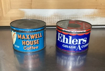 老式咖啡罐 2 件 Maxwell House & Ehlers - 1 磅广告罐带盖 — 第 1/4 张图片