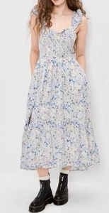 American Eagle blau/weiß Blumen Cottage-Core Tie Back gesmoktes Maxikleid Gr. S - Bild 1 von 9