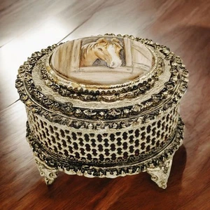 Vtg Florenza Porcelain Horse Medallion Gold Tone Four Footed Trinket Jewelry Box - Picture 1 of 14