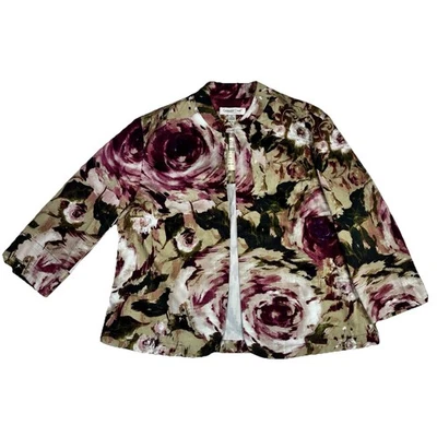 Chaqueta Coldwater Creek Rosa Floral Mujer PL Verde Rosa Frente Abierto Manga 3/4 Foto 1 de 4