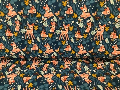 Stenzo ÖkoTex Baumwolljersey mit Hasen + Reh auf petrolblau 50x145cm Neu - Bild 1 von 3