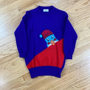 United Colors of Benetton 012 Wool Sweater Embroidered Penguin Pompom 80s Retro - Picture 1 of 10