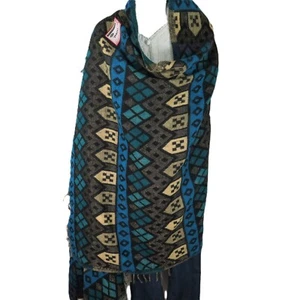 Tribal | Shawl/Throw | Yak + Sheep Blend | Handloomed | Reversible| Black & Blue - Picture 1 of 5